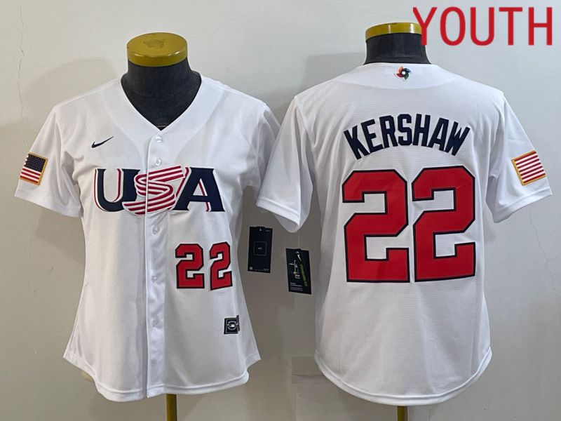 Youth 2023 World Cub USA 22 Kershaw White MLB Jersey8